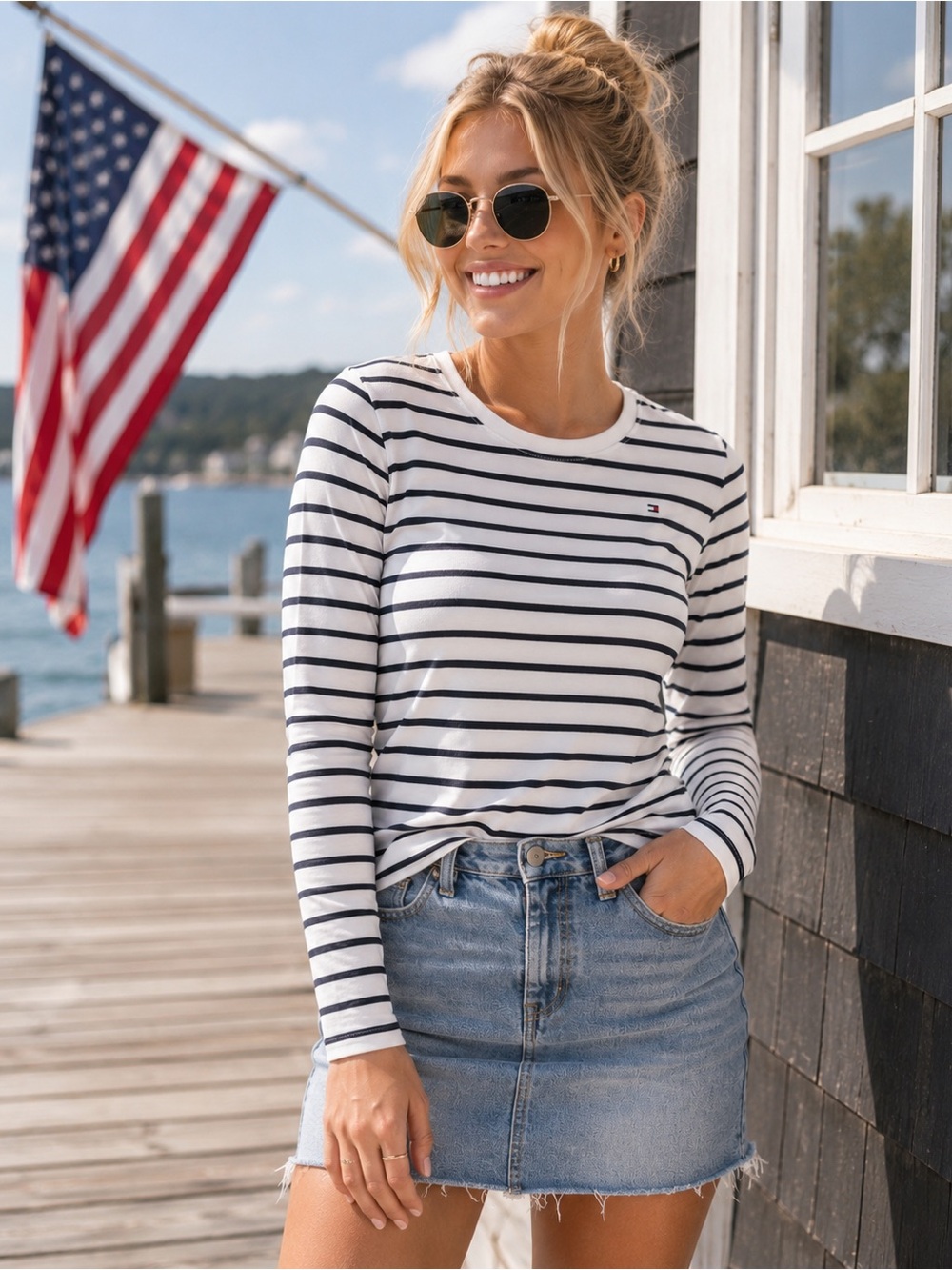 🇺🇸Tommy Hilfiger Navy White Striped Long Sleeve Top Logo Tee Size L
